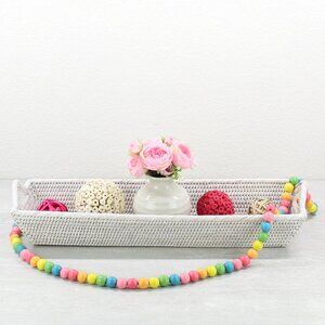 NEW Long Large Tight Woven Rattan Tray with Handles- Whitewash